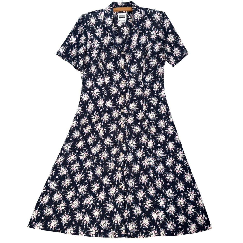 Vintage‎ Leslie Fay Dress Size 10P Navy Floral Button Front Midi Flowy Modest